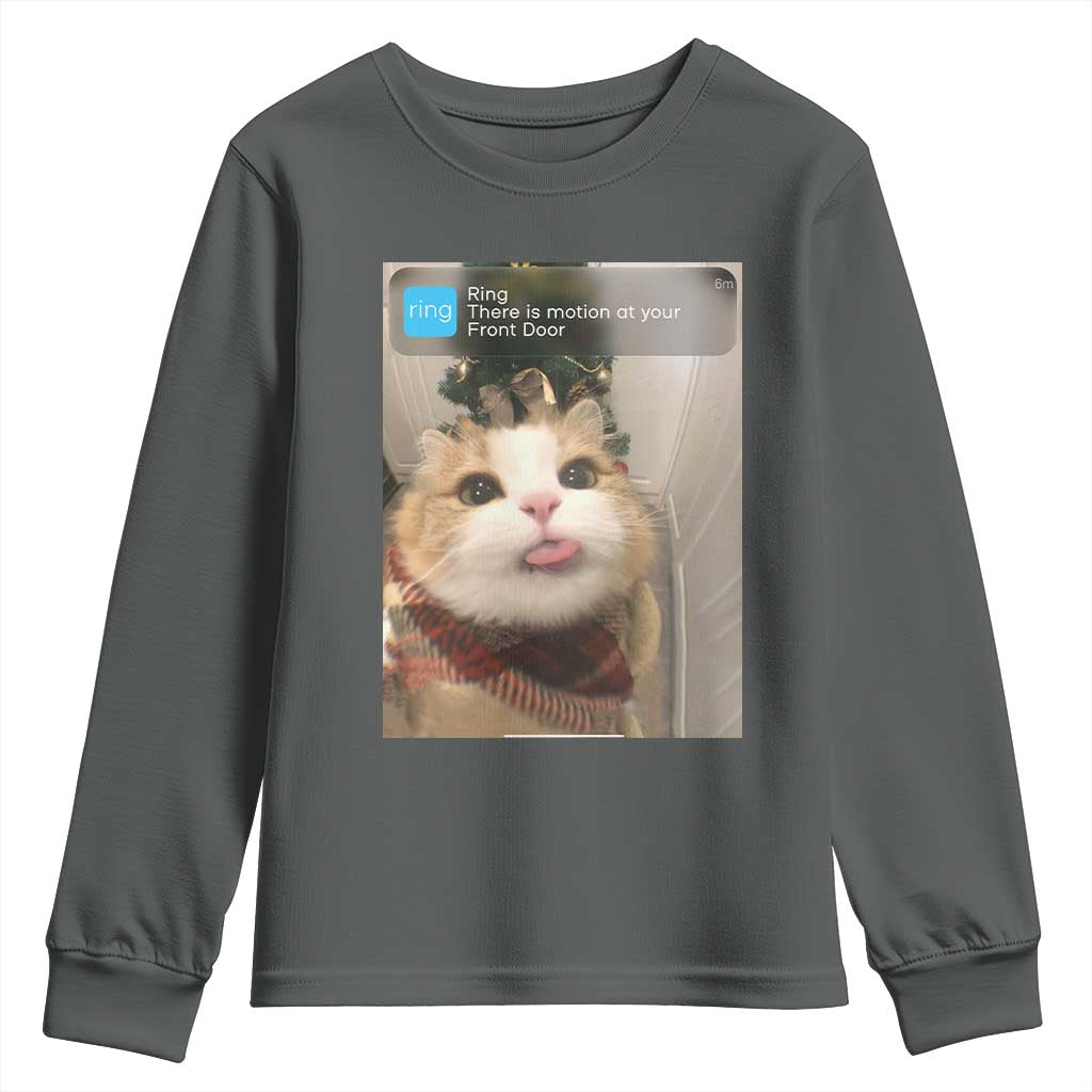 Funny Cat Christmas Youth Sweatshirt Ring There is Motion at Your Front Door Meme Xmas Tree TS10 Dark Heather Print Your Wear