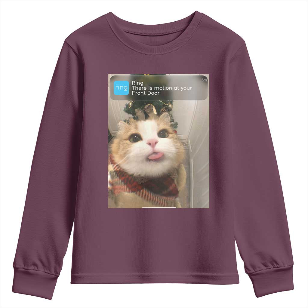 Funny Cat Christmas Youth Sweatshirt Ring There is Motion at Your Front Door Meme Xmas Tree TS10 Maroon Print Your Wear