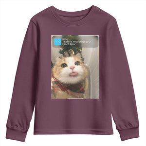 Funny Cat Christmas Youth Sweatshirt Ring There is Motion at Your Front Door Meme Xmas Tree TS10 Maroon Print Your Wear