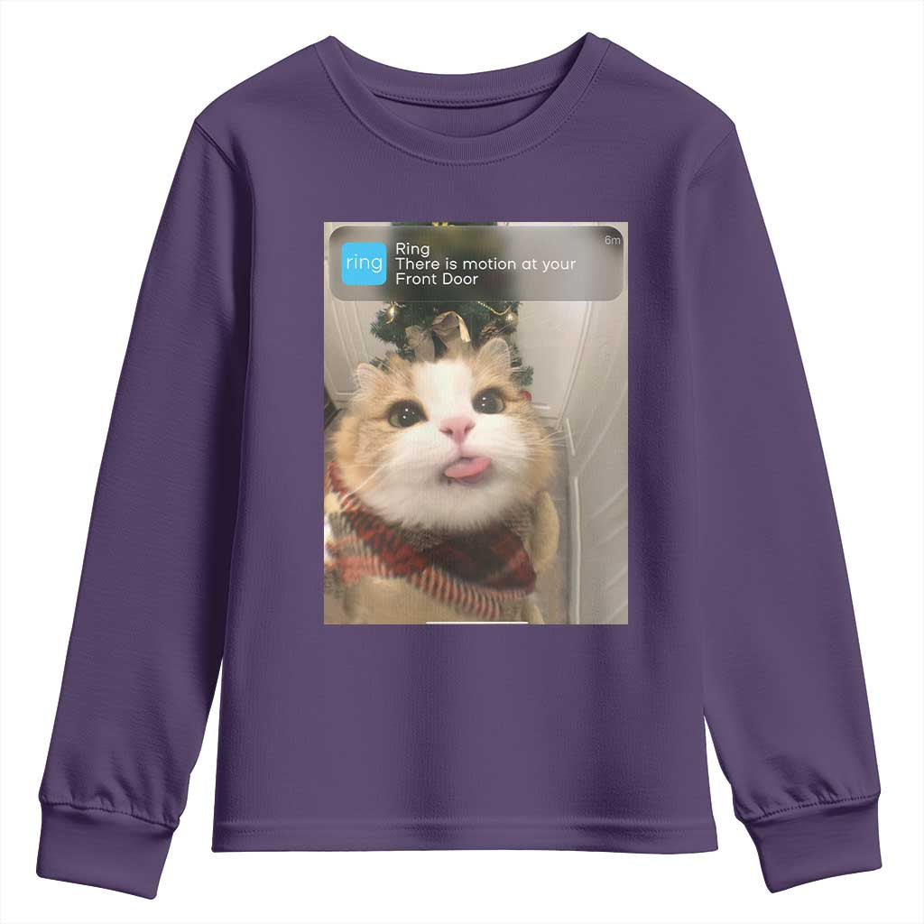 Funny Cat Christmas Youth Sweatshirt Ring There is Motion at Your Front Door Meme Xmas Tree TS10 Purple Print Your Wear