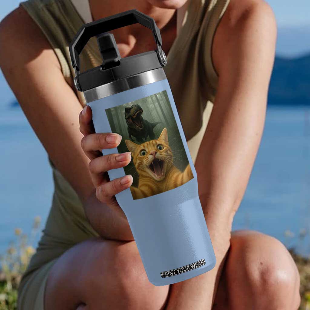 Cat Selfie With Dinosaur Flip Straw Tumbler Funny Cat Gifts TS10 One Size: 30 oz Light Blue Print Your Wear