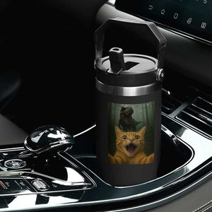 Cat Selfie With Dinosaur Flip Straw Tumbler Funny Cat Gifts TS10 Print Your Wear