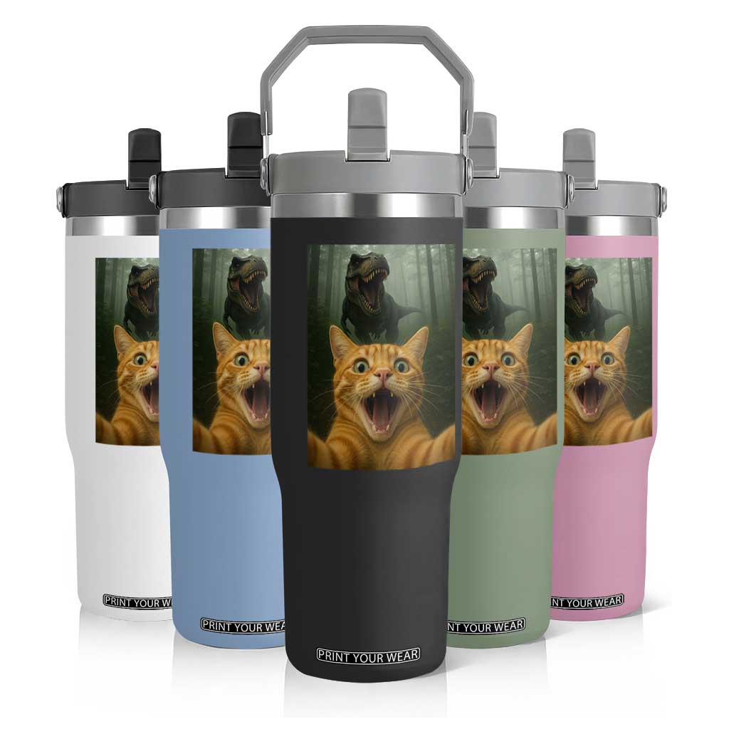 Cat Selfie With Dinosaur Flip Straw Tumbler Funny Cat Gifts TS10 Print Your Wear