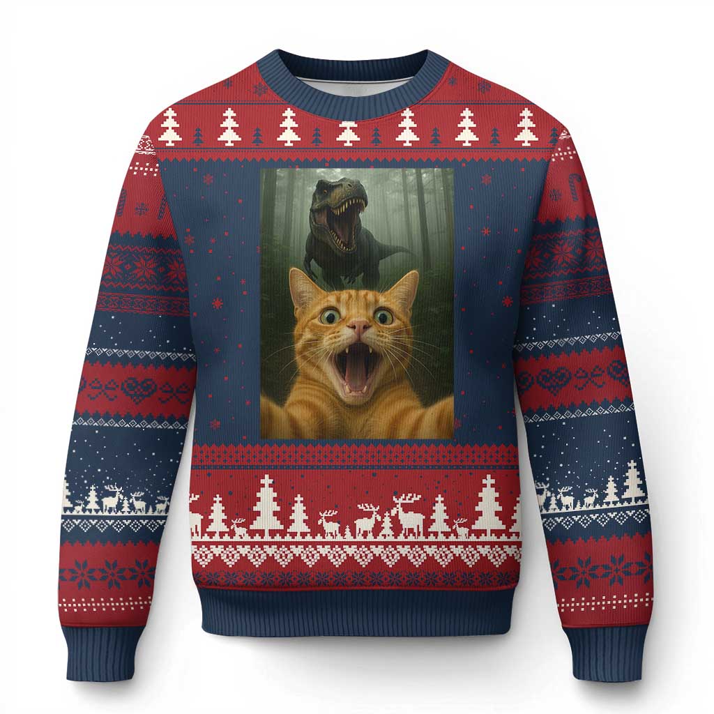 Cat Selfie With Dinosaur Ugly Christmas Sweater Funny Cat Gifts TS10 Navy Red Print Your Wear