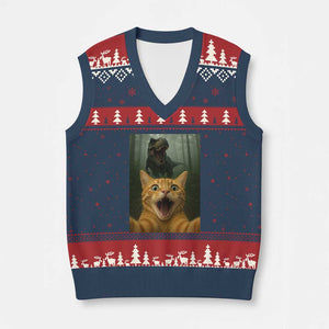 Cat Selfie With Dinosaur V-Neck Knit Sweater Vest Funny Cat Gifts TS10 Navy Red Print Your Wear