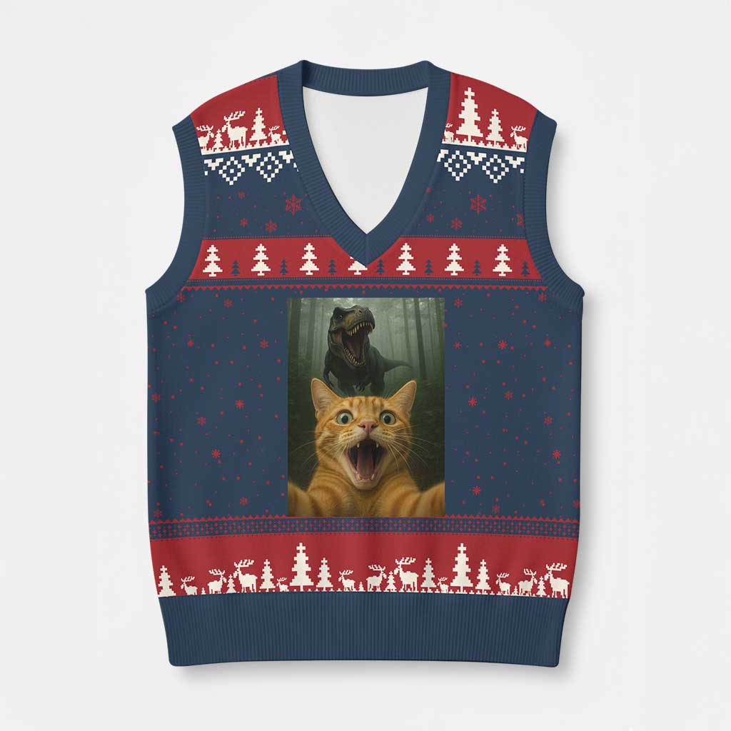 Cat Selfie With Dinosaur V-Neck Knit Sweater Vest Funny Cat Gifts TS10 Navy Red Print Your Wear