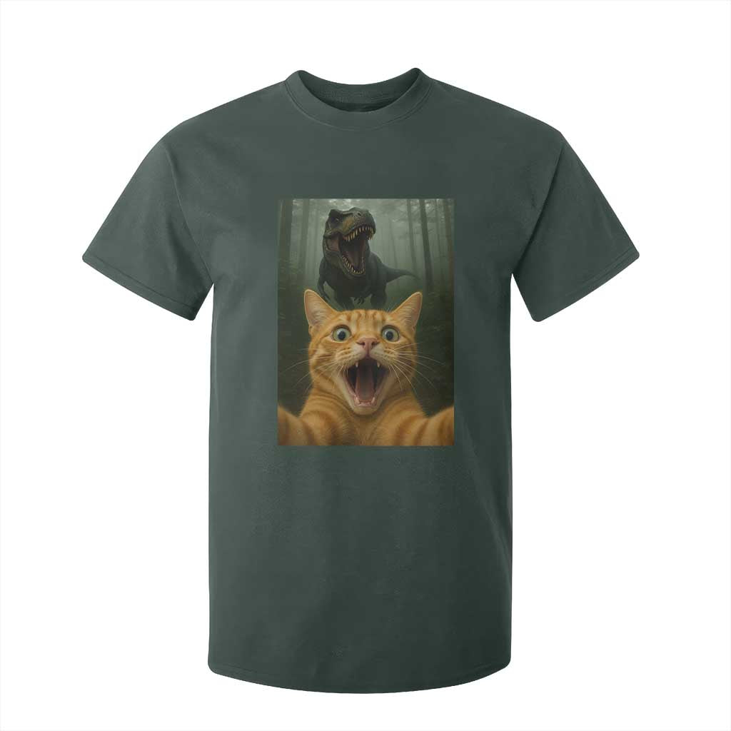 Cat Selfie With Dinosaur T Shirt For Kid Funny Cat Gifts TS10 Dark Forest Green Print Your Wear