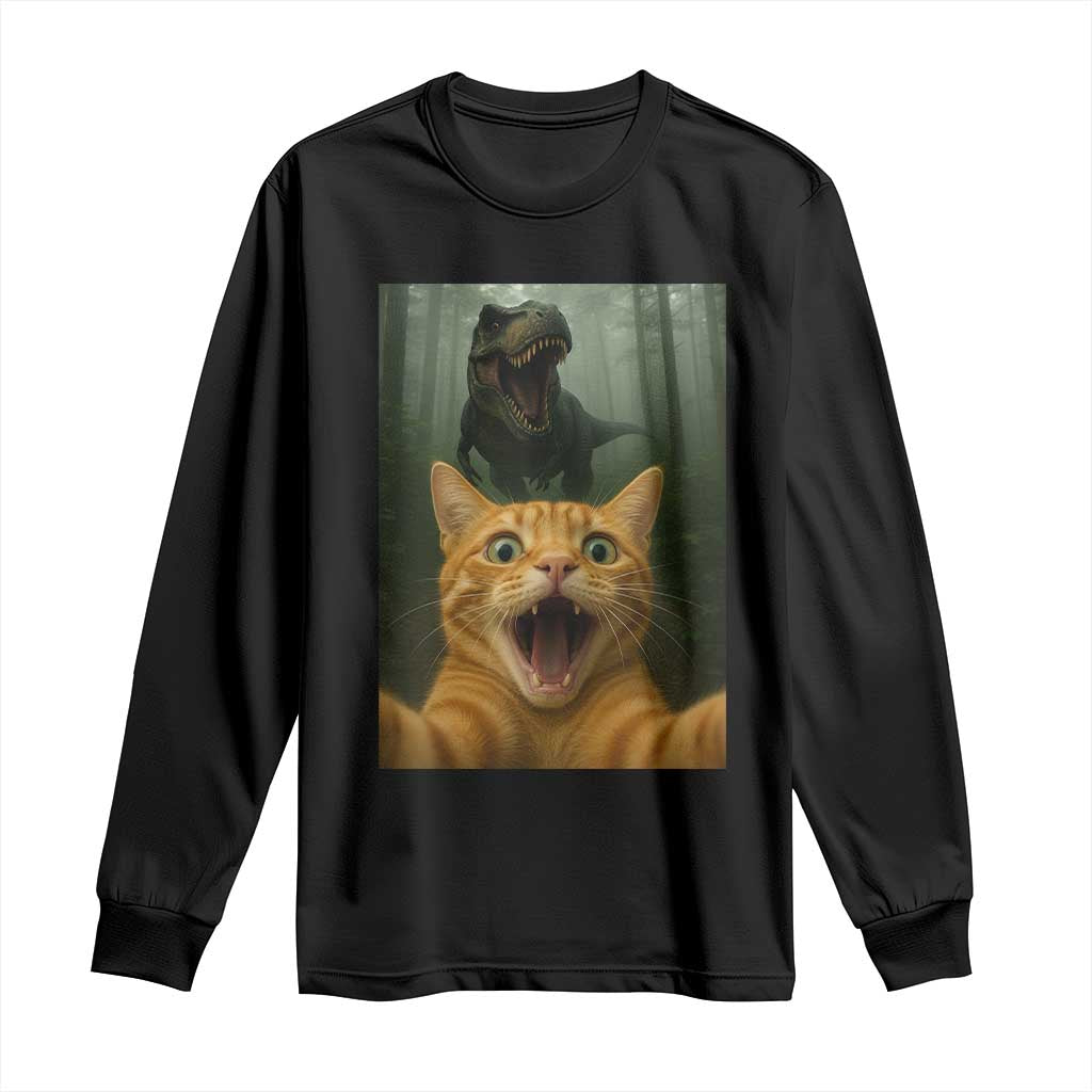 Cat Selfie With Dinosaur Long Sleeve Shirt Funny Cat Gifts TS10 Black Print Your Wear
