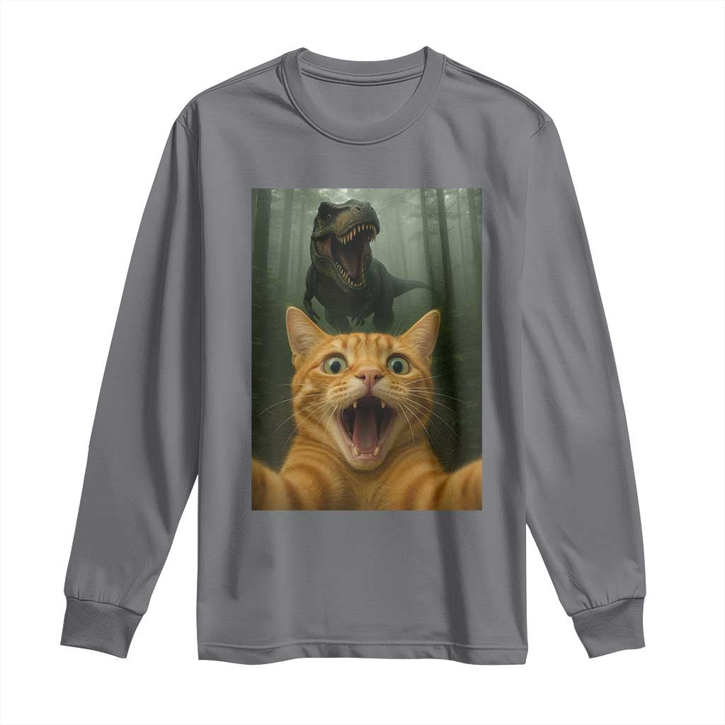 Cat Selfie With Dinosaur Long Sleeve Shirt Funny Cat Gifts TS10 Charcoal Print Your Wear