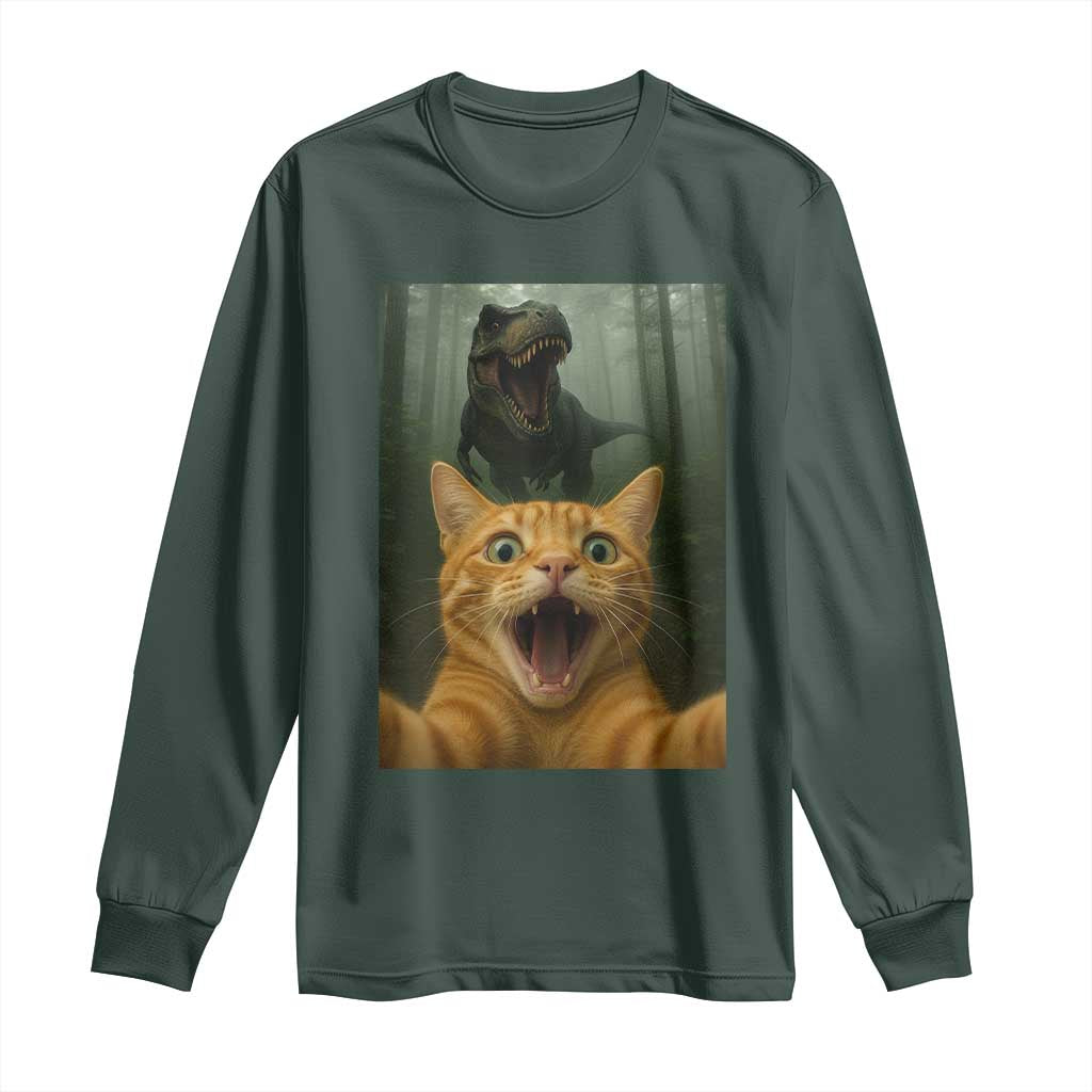 Cat Selfie With Dinosaur Long Sleeve Shirt Funny Cat Gifts TS10 Dark Forest Green Print Your Wear