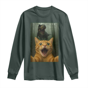Cat Selfie With Dinosaur Long Sleeve Shirt Funny Cat Gifts TS10 Dark Forest Green Print Your Wear