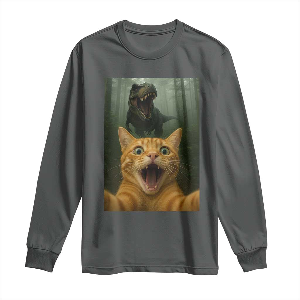 Cat Selfie With Dinosaur Long Sleeve Shirt Funny Cat Gifts TS10 Dark Heather Print Your Wear