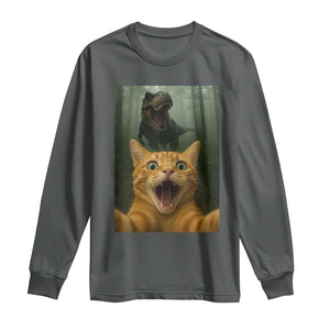 Cat Selfie With Dinosaur Long Sleeve Shirt Funny Cat Gifts TS10 Dark Heather Print Your Wear