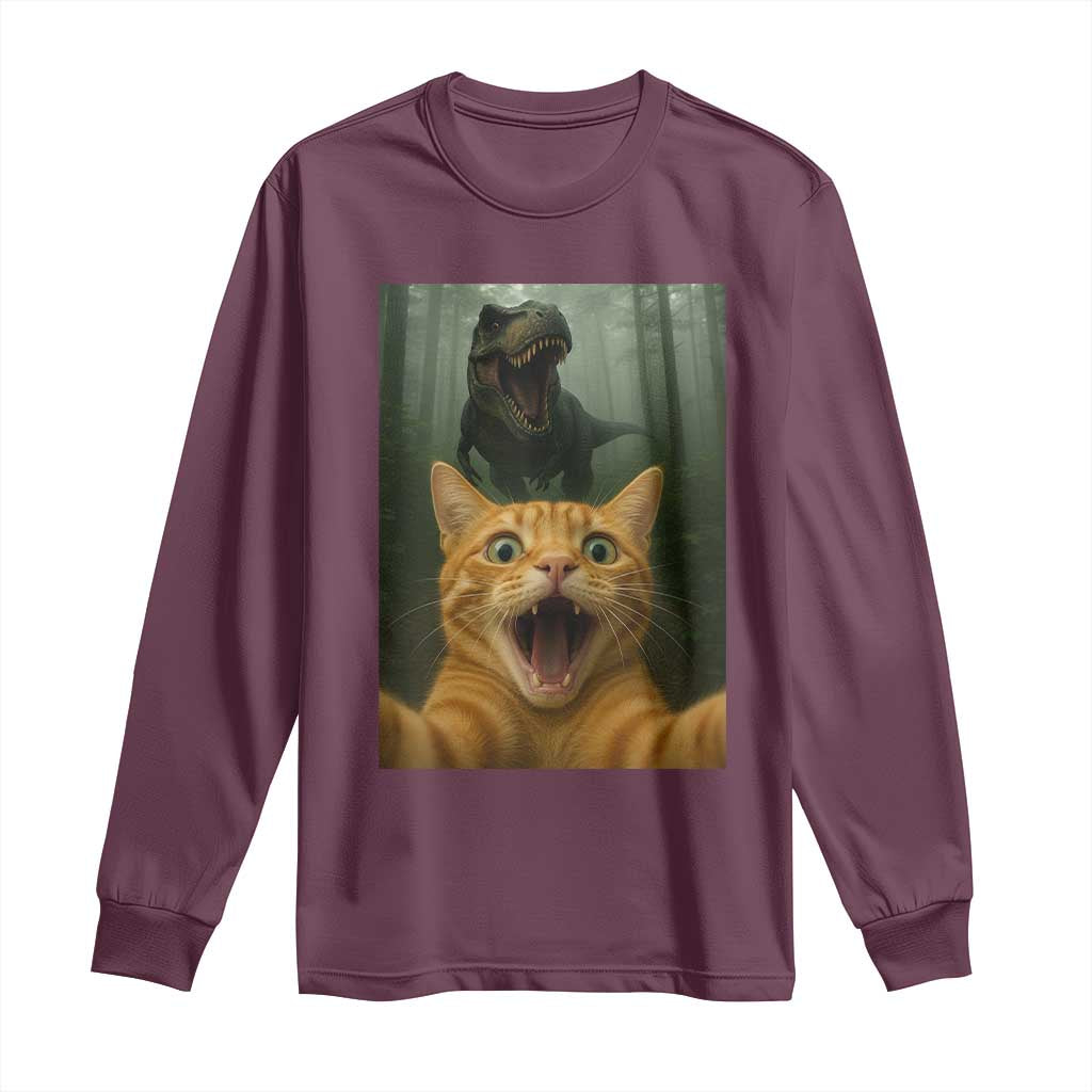 Cat Selfie With Dinosaur Long Sleeve Shirt Funny Cat Gifts TS10 Maroon Print Your Wear