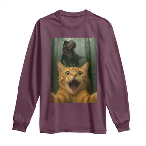 Cat Selfie With Dinosaur Long Sleeve Shirt Funny Cat Gifts TS10 Maroon Print Your Wear