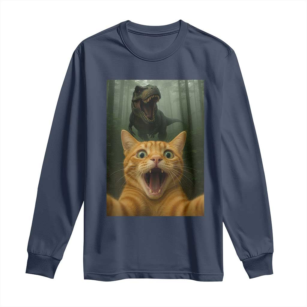 Cat Selfie With Dinosaur Long Sleeve Shirt Funny Cat Gifts TS10 Navy Print Your Wear