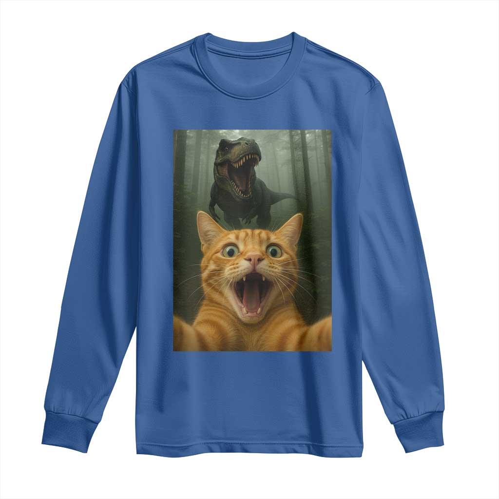 Cat Selfie With Dinosaur Long Sleeve Shirt Funny Cat Gifts TS10 Royal Blue Print Your Wear
