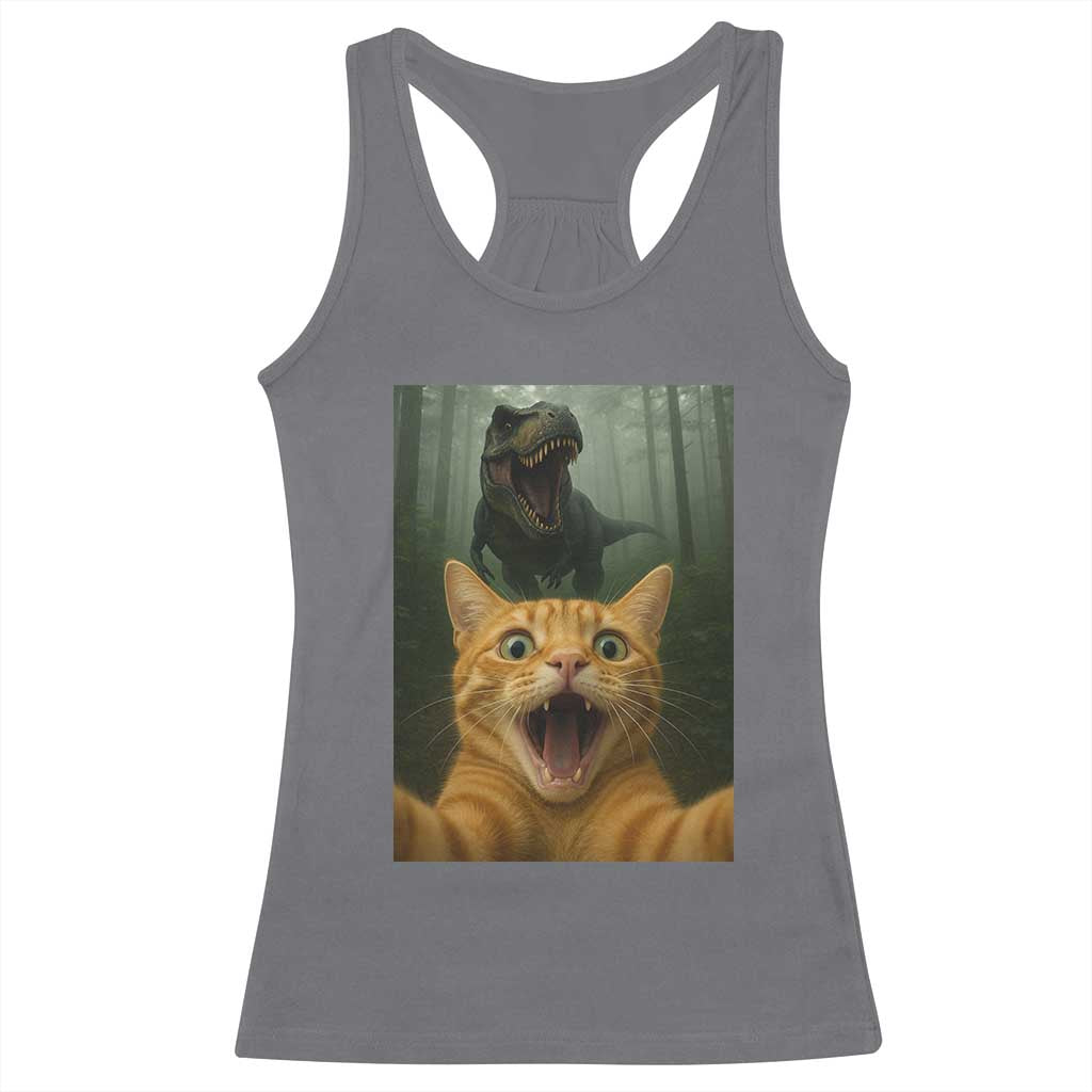 Cat Selfie With Dinosaur Racerback Tank Top Funny Cat Gifts TS10 Charcoal Print Your Wear