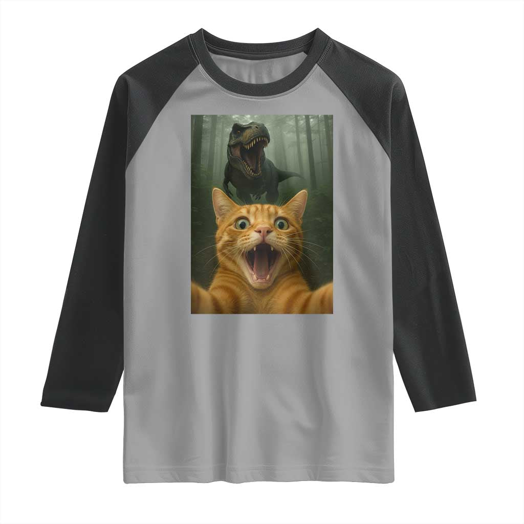 Cat Selfie With Dinosaur Raglan Shirt Funny Cat Gifts TS10 Sport Gray Black Print Your Wear
