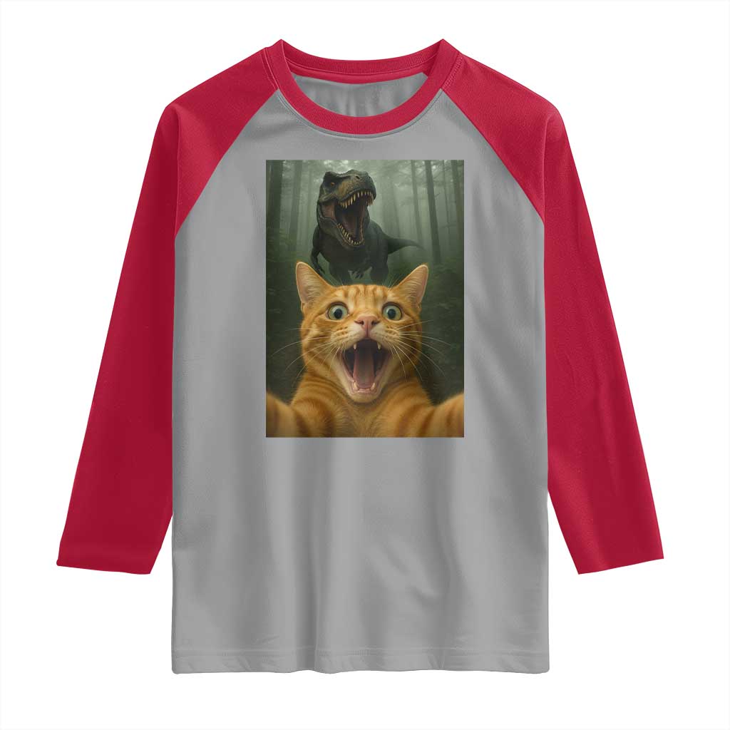Cat Selfie With Dinosaur Raglan Shirt Funny Cat Gifts TS10 Sport Gray Red Print Your Wear