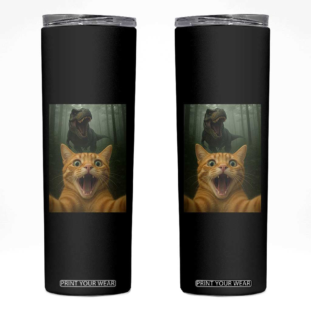 Cat Selfie With Dinosaur Skinny Tumbler Funny Cat Gifts TS10 Black Print Your Wear