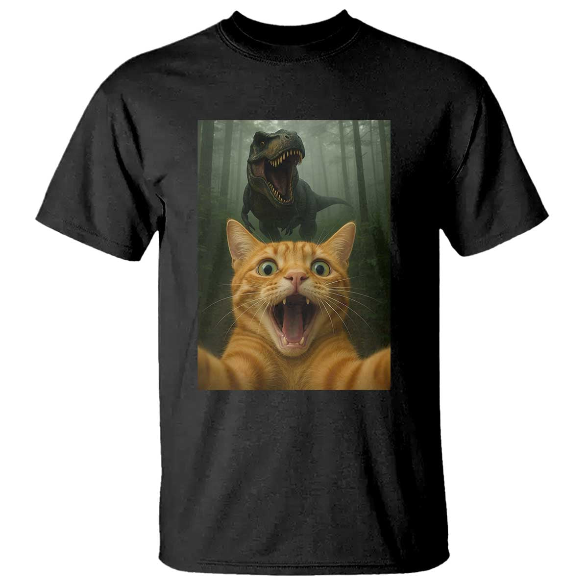 Cat Selfie With Dinosaur T Shirt Funny Cat Gifts TS10 Black Print Your Wear