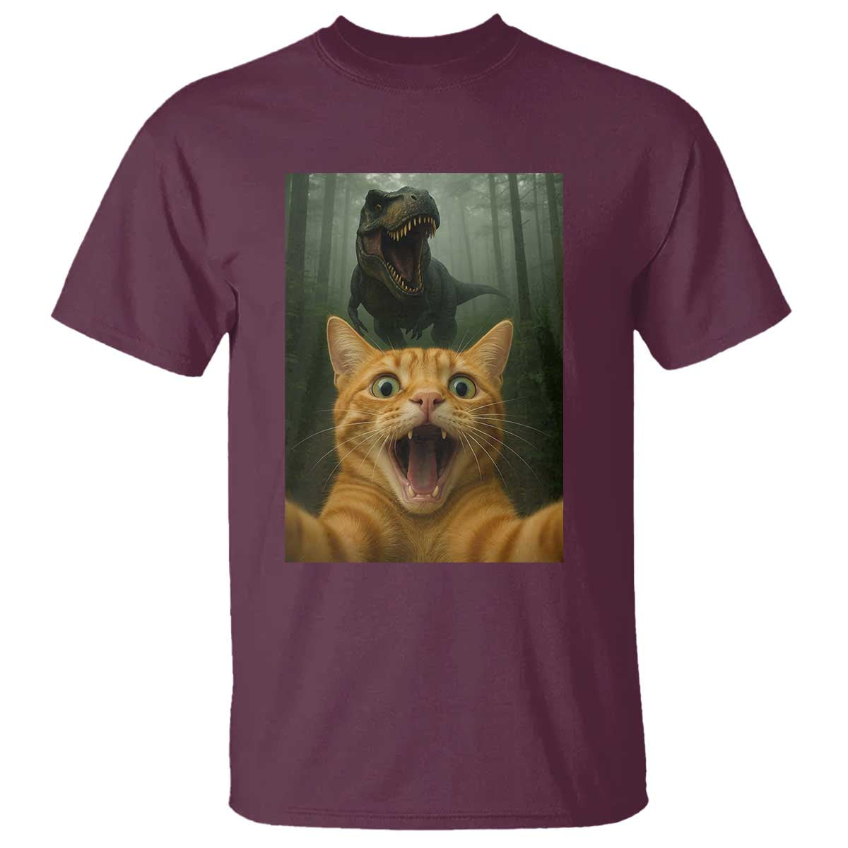 Cat Selfie With Dinosaur T Shirt Funny Cat Gifts TS10 Maroon Print Your Wear