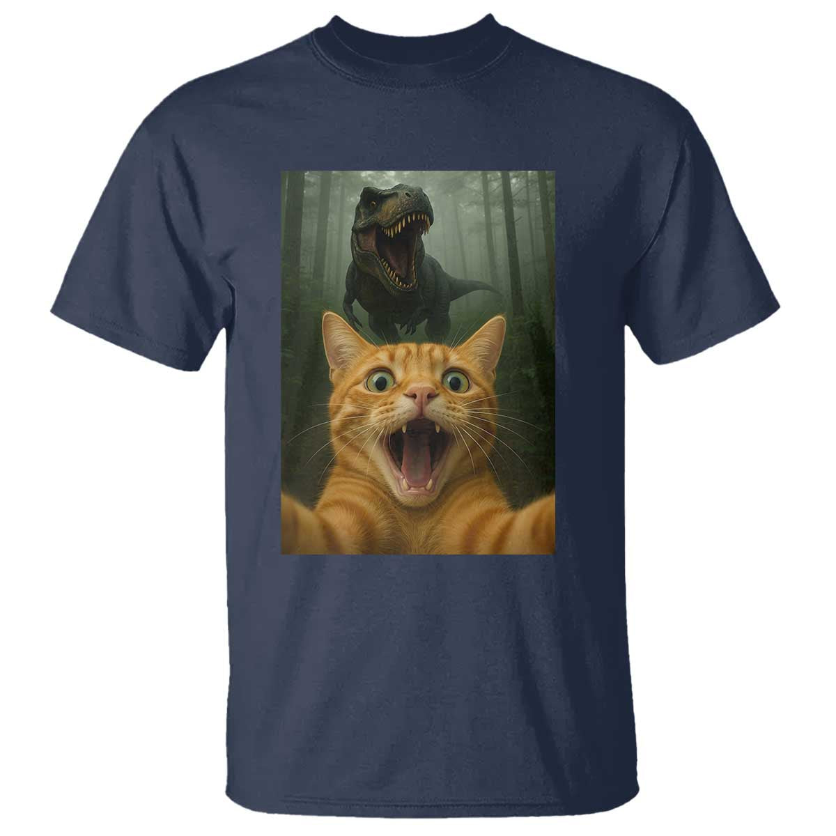 Cat Selfie With Dinosaur T Shirt Funny Cat Gifts TS10 Navy Print Your Wear