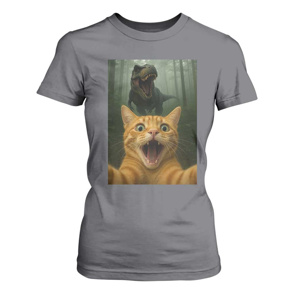 Cat Selfie With Dinosaur T Shirt For Women Funny Cat Gifts TS10 Charcoal Print Your Wear