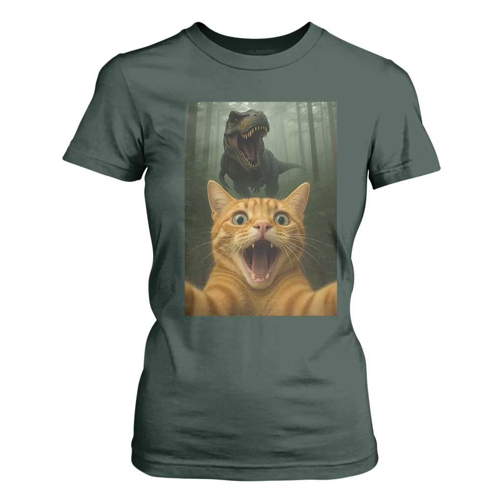 Cat Selfie With Dinosaur T Shirt For Women Funny Cat Gifts TS10 Dark Forest Green Print Your Wear