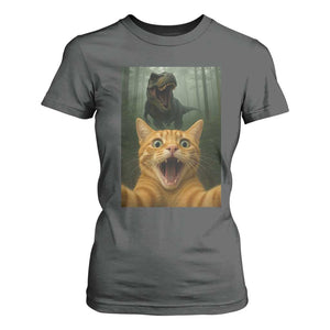 Cat Selfie With Dinosaur T Shirt For Women Funny Cat Gifts TS10 Dark Heather Print Your Wear