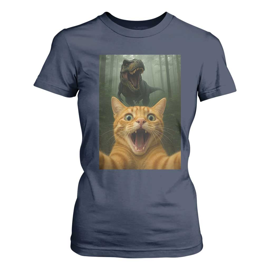 Cat Selfie With Dinosaur T Shirt For Women Funny Cat Gifts TS10 Navy Print Your Wear