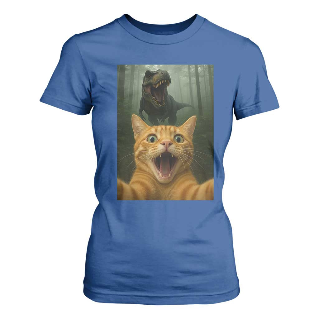 Cat Selfie With Dinosaur T Shirt For Women Funny Cat Gifts TS10 Royal Blue Print Your Wear