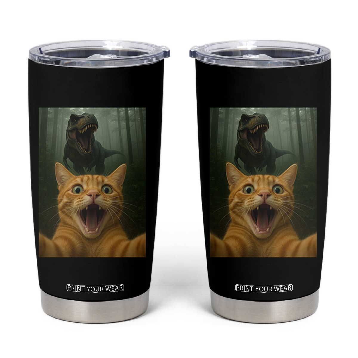 Cat Selfie With Dinosaur Tumbler Cup Funny Cat Gifts TS10 Black Print Your Wear