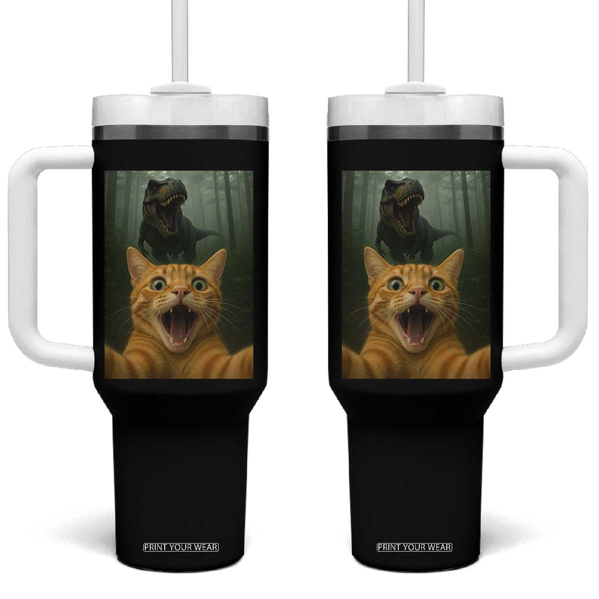 Cat Selfie With Dinosaur Tumbler With Handle Funny Cat Gifts TS10 One Size: 40 oz Black Print Your Wear