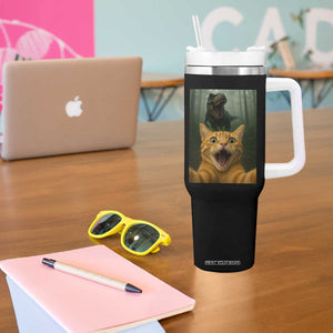 Cat Selfie With Dinosaur Tumbler With Handle Funny Cat Gifts TS10 Print Your Wear