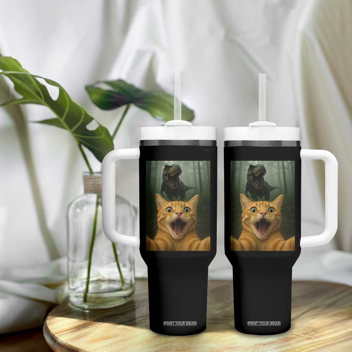 Cat Selfie With Dinosaur Tumbler With Handle Funny Cat Gifts TS10 Print Your Wear