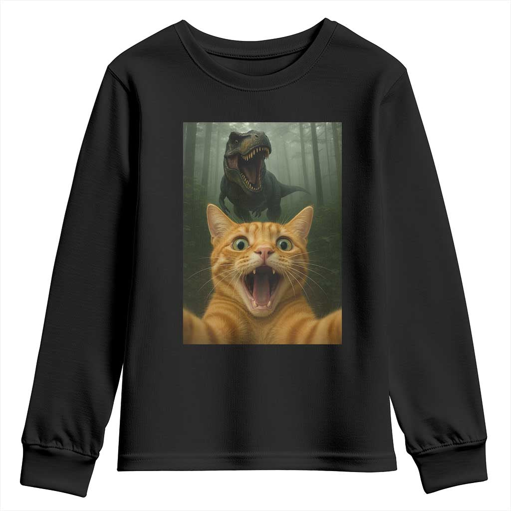Cat Selfie With Dinosaur Youth Sweatshirt Funny Cat Gifts TS10 Black Print Your Wear