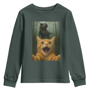 Cat Selfie With Dinosaur Youth Sweatshirt Funny Cat Gifts TS10 Dark Forest Green Print Your Wear