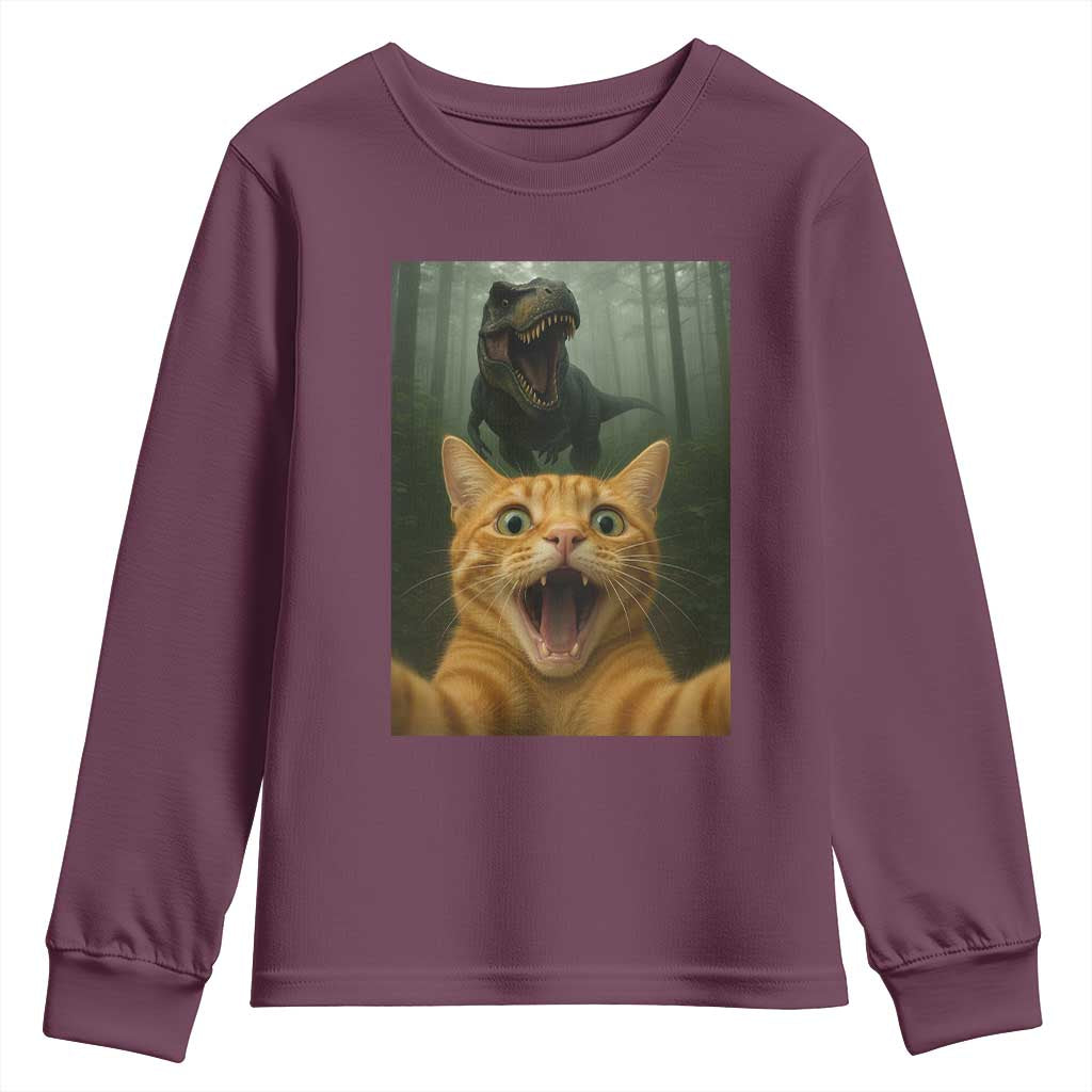 Cat Selfie With Dinosaur Youth Sweatshirt Funny Cat Gifts TS10 Maroon Print Your Wear