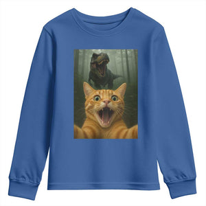 Cat Selfie With Dinosaur Youth Sweatshirt Funny Cat Gifts TS10 Royal Blue Print Your Wear