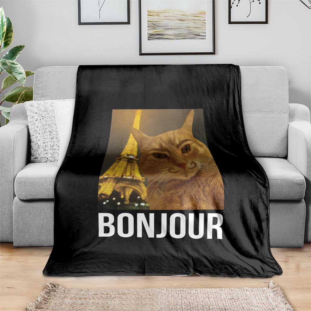 Funny Cat Bonjour Throw Blanket Paris France Eiffel Tower Orange Cat Meme TS10 Print Your Wear