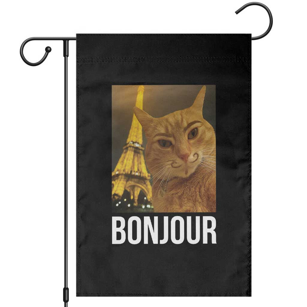 Funny Cat Bonjour Garden Flag Paris France Eiffel Tower Orange Cat Meme TS10 Black Print Your Wear