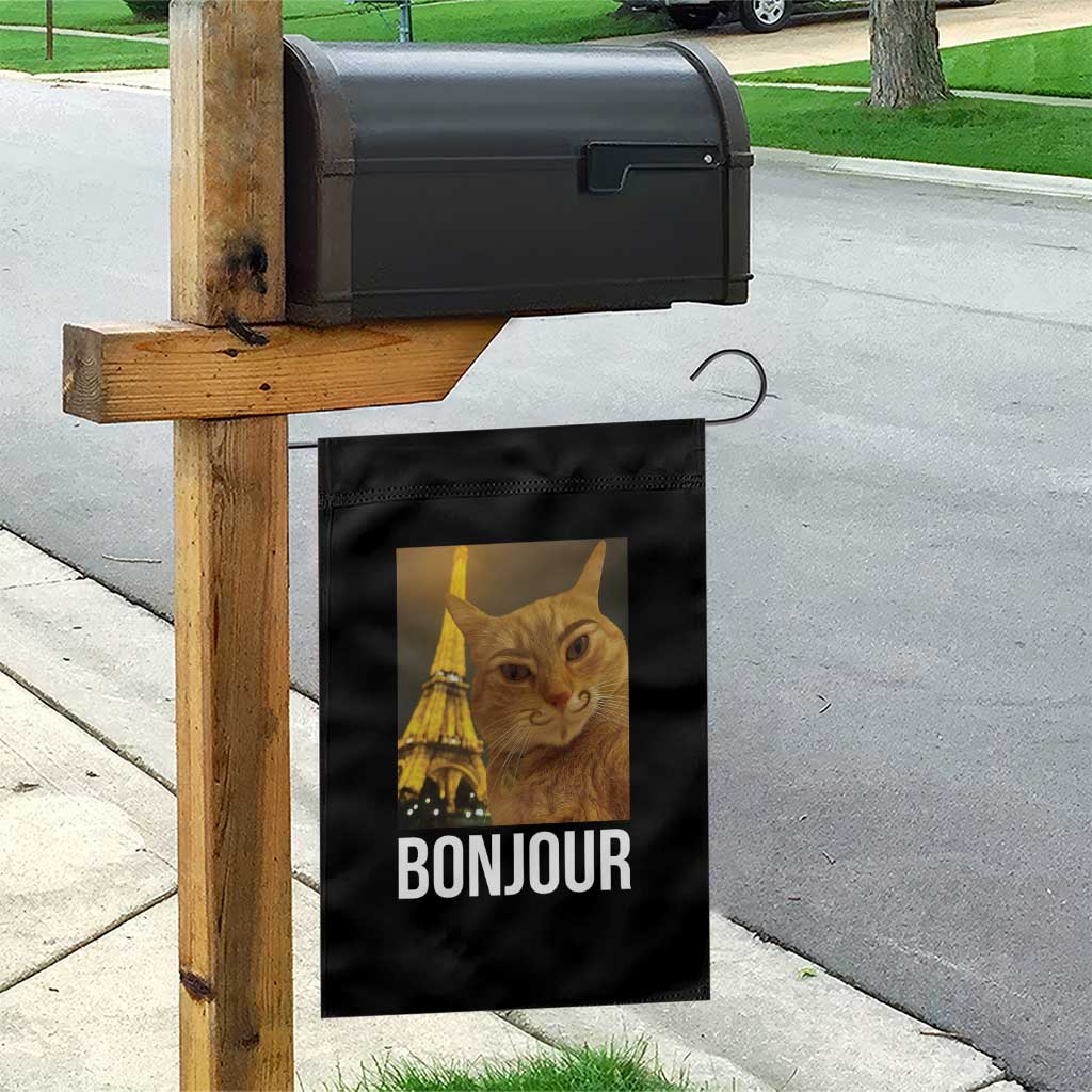Funny Cat Bonjour Garden Flag Paris France Eiffel Tower Orange Cat Meme TS10 Print Your Wear
