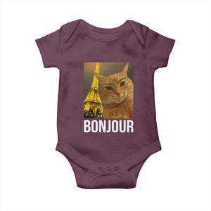 Funny Cat Bonjour Baby Onesie Paris France Eiffel Tower Orange Cat Meme TS10 Maroon Print Your Wear