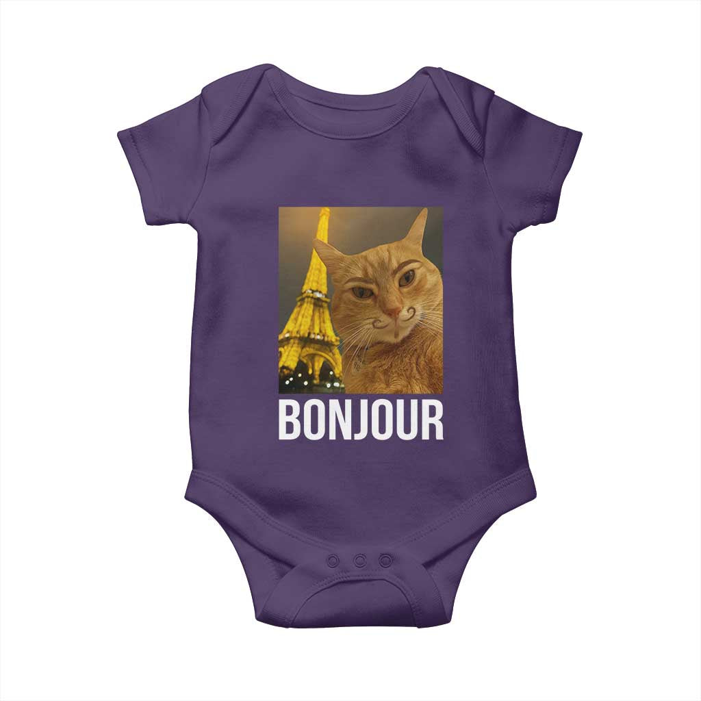 Funny Cat Bonjour Baby Onesie Paris France Eiffel Tower Orange Cat Meme TS10 Purple Print Your Wear