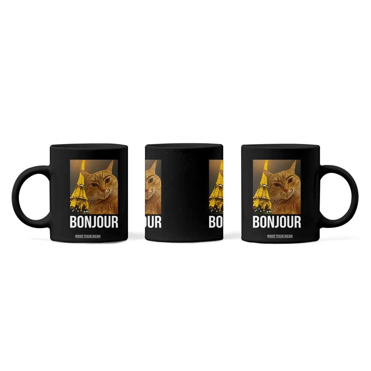 Funny Cat Bonjour Coffee Mug Paris France Eiffel Tower Orange Cat Meme TS10 Print Your Wear