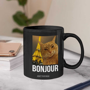 Funny Cat Bonjour Coffee Mug Paris France Eiffel Tower Orange Cat Meme TS10 Print Your Wear