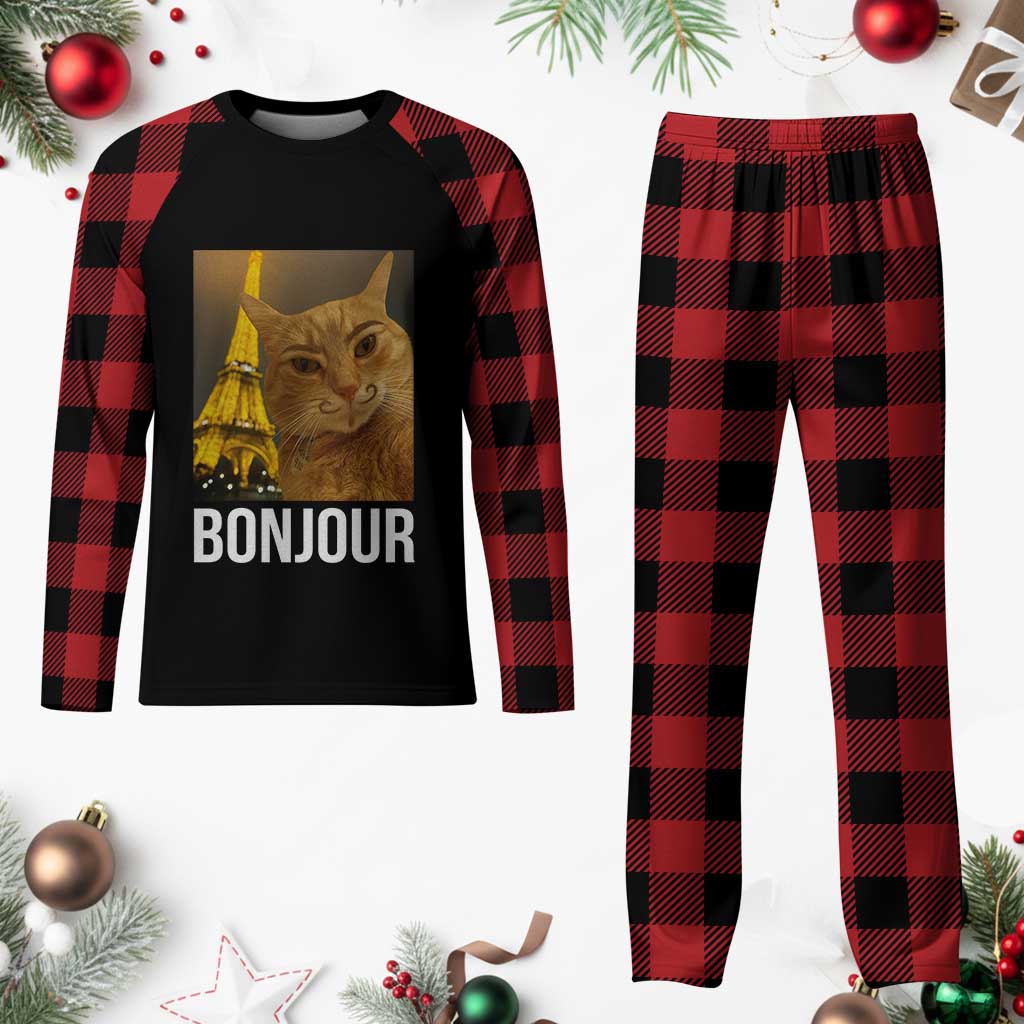 Funny Cat Bonjour Plaid Pajama Set Paris France Eiffel Tower Orange Cat Meme - Print Your Wear