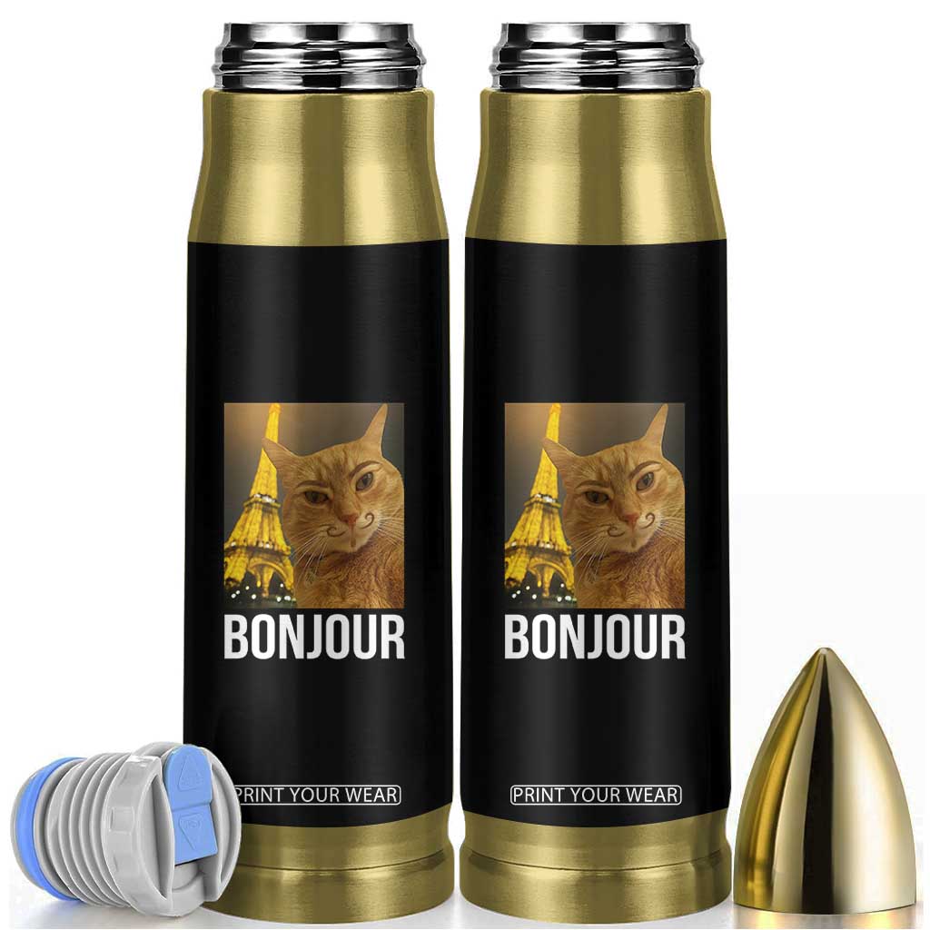Funny Cat Bonjour Bullet Tumbler Paris France Eiffel Tower Orange Cat Meme TS10 Black Print Your Wear